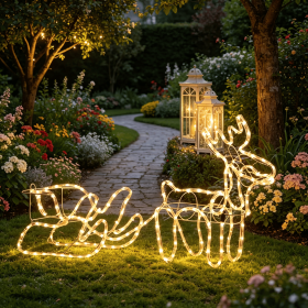 35'' Christmas Reindeer And Sleigh LED Motif Indoor Outdoor Yard Decoration Warm White Lighting Steel Frame