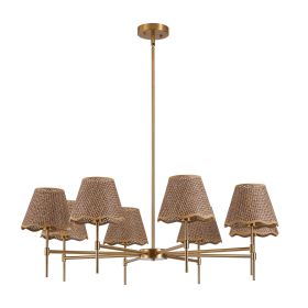 Gold Farmhouse Chandelier 8-Light Boho Pendant Lamp 38.6 in Large Rustic Rattan Chandelier Light Fixture with Height Adjustable Hanging Pole for