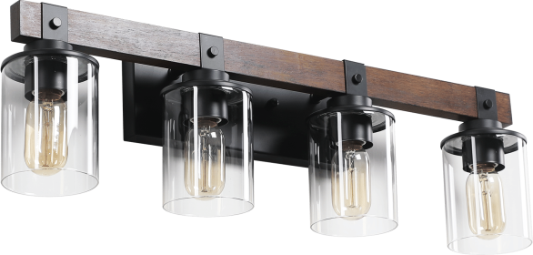 27" Rustic 4-Light Vanity Light, Industrial Bathroom Wall Sconce with Glass Shades and Wood Accent, Modern Farmhouse Lighting Fixture (No Bulbs)
