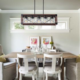 (Same as W1340P155971/L1011-RW-G) 32" Red Wood Industrial Farmhouse Rectangle Pendant Light, 5-Light Chandelier with Lampshade for Dining Room