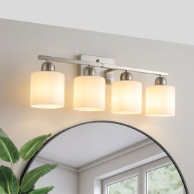 Brushed Nickel Bathroom Light Fixtures, 4-Light Modern Vanity Light Over Mirror, Wall Sconces with Milky White Frosted Glass Shades