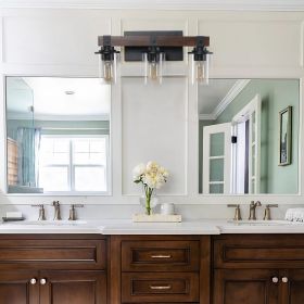 19" Rustic 3-Light Vanity Light, Industrial Bathroom Wall Sconce with Glass Shades and Wood Accent, Modern Farmhouse Lighting Fixture (No Bulbs)