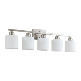 Brushed Nickel Bathroom Light Fixtures, 5-Light Modern Vanity Light Over Mirror, Wall Sconces with Milky White Frosted Glass Shades
