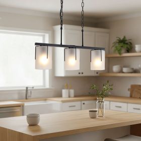 Minimalist 3-Light Linear Chandelier, Matte Black Pendant Lighting with Frosted Glass Shades
