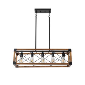 (Same as W1340111207/L1011) 32" Walnut Industrial Farmhouse Rectangle Pendant Light, 5-Light Chandelier for Dining Room, Kitchen Island