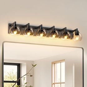 Farmhouse Bathroom Vanity Light Fixtures, 6-Light Bathroom Light Fixtures Over Mirror, Rustic Sconces Wall Lighting with Glass Shade for Living R