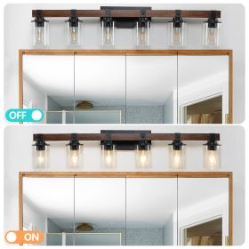42" Rustic 6-Light Vanity Light, Industrial Bathroom Wall Sconce with Glass Shades and Wood Accent, Modern Farmhouse Lighting Fixture (No Bulbs)
