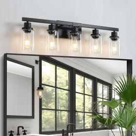 31" Modern Black 5-Light Bathroom Vanity Light Fixture, Industrial Wall Sconce with Clear Glass Shades for Mirror, Bathroom, Bedroom