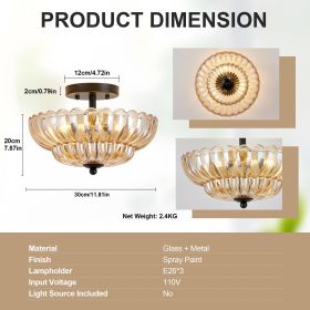 Semi Flush Mount Ceiling Light, Amber Glass Ceiling Light Fixture, 3-Bulb Modern Black Close to Ceiling Light