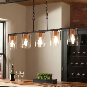 5-Light Linear Chandelier, Industrial Kitchen Island Lighting with Adjustable Height, Clear Glass Shades & Wood Grain Accent, E26 Base