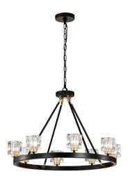 Matte Black + Gold Wagon Wheel Chandelier Farmhouse Modern Small Crystal Round Chandelier for Living Room Kitchen Island Foyer Hallway Entryway B