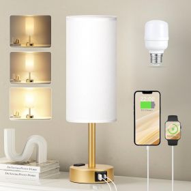 Gold Touch Lamp for Bedroom- 3 Way Dimmable Bedside Lamp USB C A Charging Ports and AC Outlet, Small Table Lamp White Linen Lampshade for Gift