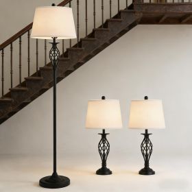 3 Piece Table Floor Lamp Set with Metal Pole, Round Base, and Fabric Lampshade