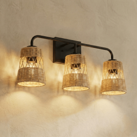 Moonlit Three Lights Wall Sconce With Rattan Shade, Bathroom Lighting Fixtures Over Mirror