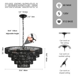 24" Rustic 5-Tier Black Hemp Rope Pendant Light Chandelier with 8 E12 Sockets, Boho Farmhouse Ceiling Fixture for Dining Room, Kitchen