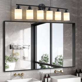 39" Modern 6-Light Vanity Bathroom Mirror Light, Frosted White Glass with Black Iron Frame, Contemporary Wall Sconce for Bedroom, Bathroom