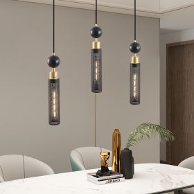 25" Modern Black and Gold 3-Light Pendant Chandelier, Adjustable Hanging Lights with Cylindrical Mesh Shades, E26 Base, Ideal for Dining Room (Color: Black, Material: Iron)